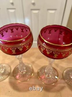 Vintage St. Louis Cranberry and Gold leaf Wine Glasses. 5 glasses. Estate Sale