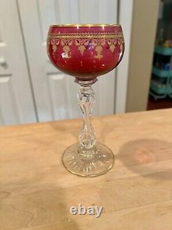 Vintage St. Louis Cranberry and Gold leaf Wine Glasses. 5 glasses. Estate Sale