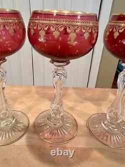 Vintage St. Louis Cranberry and Gold leaf Wine Glasses. 5 glasses. Estate Sale