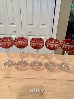 Vintage St. Louis Cranberry and Gold leaf Wine Glasses. 5 glasses. Estate Sale