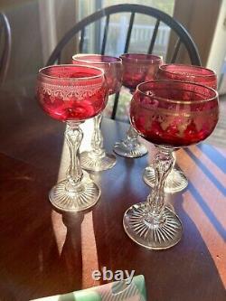 Vintage St. Louis Cranberry and Gold leaf Wine Glasses. 5 glasses. Estate Sale