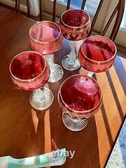 Vintage St. Louis Cranberry and Gold leaf Wine Glasses. 5 glasses. Estate Sale