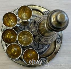 Vintage Sterling Silver 875 Gilding Set Wine Glasses Decanter Tray Engraved Lid