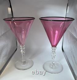 Vintage Steuben Glass 7 Pink Raspberry Wine Glasses Set of 2 Carder Era