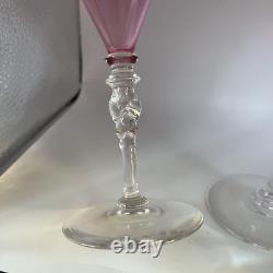 Vintage Steuben Glass 7 Pink Raspberry Wine Glasses Set of 2 Carder Era