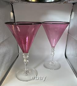 Vintage Steuben Glass 7 Pink Raspberry Wine Glasses Set of 2 Carder Era