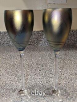 Vintage Steve Maslach Blue Cobalt Iridescent Wine Glasses Signed