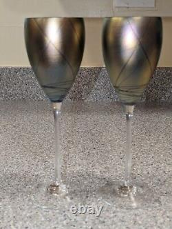 Vintage Steve Maslach Blue Cobalt Iridescent Wine Glasses Signed