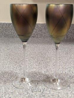 Vintage Steve Maslach Blue Cobalt Iridescent Wine Glasses Signed