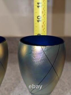 Vintage Steve Maslach Blue Cobalt Iridescent Wine Glasses Signed