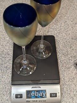 Vintage Steve Maslach Blue Cobalt Iridescent Wine Glasses Signed