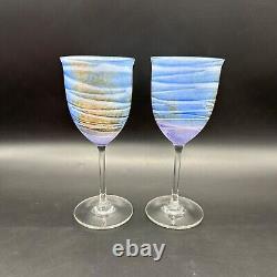 Vintage Steven Maslach Wine Glasses Volcano 1980 Blue Purple Handmade Art Glass