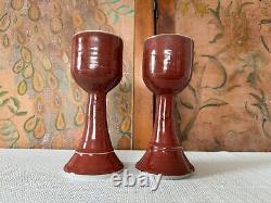Vintage Studio Art Pottery Red Glazed Wine Glasses Signed Gerry Williams (2)