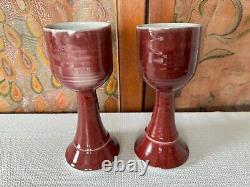 Vintage Studio Art Pottery Red Glazed Wine Glasses Signed Gerry Williams (2)