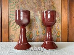 Vintage Studio Art Pottery Red Glazed Wine Glasses Signed Gerry Williams (2)