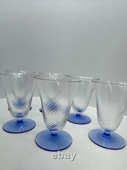Vintage Swirled Optic 1930's Blue Footed Wine/Cocktail Glasses 6pc By H R Fry