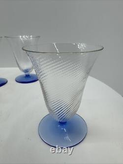 Vintage Swirled Optic 1930's Blue Footed Wine/Cocktail Glasses 6pc By H R Fry