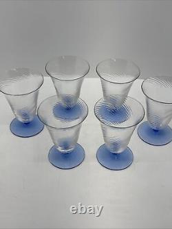 Vintage Swirled Optic 1930's Blue Footed Wine/Cocktail Glasses 6pc By H R Fry