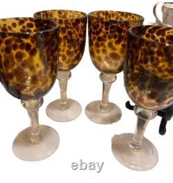 Vintage TORTOISE Wine Glasses Footed Glassware Set of 4 AMAZING