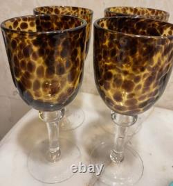 Vintage TORTOISE Wine Glasses Footed Glassware Set of 4 AMAZING