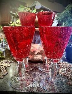 Vintage Tea Water Or Wine Glasses Red Goblets Hand Blown with Bubbles MCM