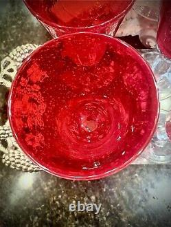 Vintage Tea Water Or Wine Glasses Red Goblets Hand Blown with Bubbles MCM