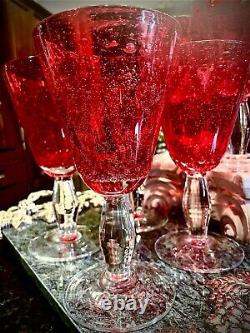 Vintage Tea Water Or Wine Glasses Red Goblets Hand Blown with Bubbles MCM