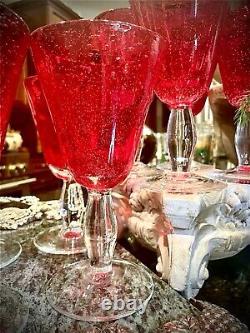 Vintage Tea Water Or Wine Glasses Red Goblets Hand Blown with Bubbles MCM