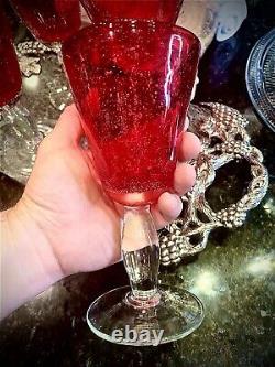 Vintage Tea Water Or Wine Glasses Red Goblets Hand Blown with Bubbles MCM