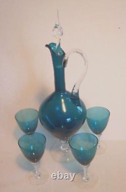 Vintage Teal Murano Glass Decanter With Clear Stopper and Four Wine Glasses MCM