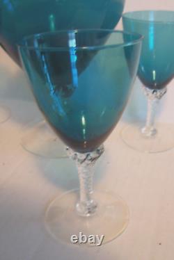 Vintage Teal Murano Glass Decanter With Clear Stopper and Four Wine Glasses MCM