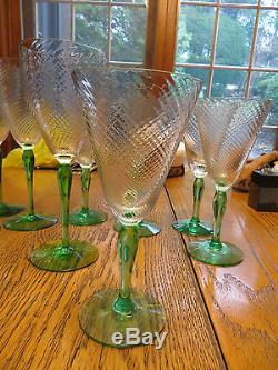 Vintage Theresienthal Green Stem Spiral Swirl 4 Water 4 Wine Goblets Glasses