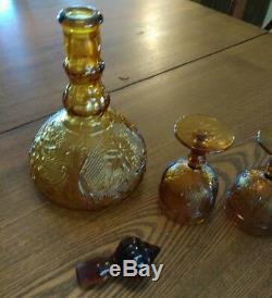 Vintage Tiara Indiana Orange Amber Liquor Wine Decanter Glass set with 8 glasses