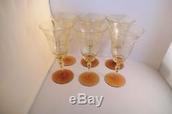 Vintage Tiffin Lot of 6 Vaseline & Amber Optic Etched Water Goblets Wine Glasses