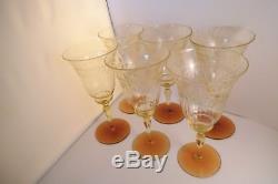 Vintage Tiffin Lot of 6 Vaseline & Amber Optic Etched Water Goblets Wine Glasses