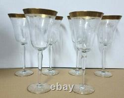 Vintage Tiffin Minton Eched Wine Glasses 8 5/8 Gold Encrusted Set Of 6