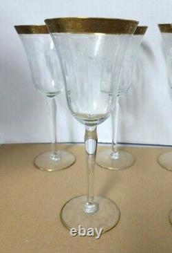 Vintage Tiffin Minton Eched Wine Glasses 8 5/8 Gold Encrusted Set Of 6