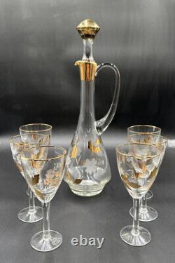 Vintage Toscany Crystal Decanter / 6 Wine Goblets Glasses Hand Made In Romania
