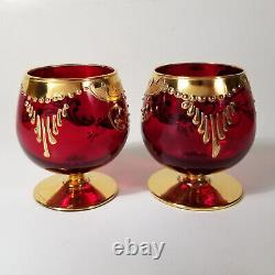 Vintage Tre Fucchi Ruby Red Goblet Raised Enamel Flowers Brandy Cognac Wine 3T