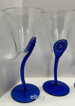 Vintage Unique Handmade Romanian Horn Wine Glasses Set Of 4 Cobalt Stem & Base