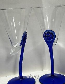 Vintage Unique Handmade Romanian Horn Wine Glasses Set Of 4 Cobalt Stem & Base