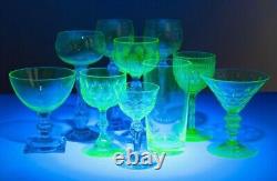 Vintage Uranium Glass Set of 8 Wine Glasses with Thumbprint Design