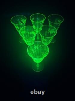 Vintage Uranium Wheel Cut Floral Optic Wine Glasses. Set of 6. Etched