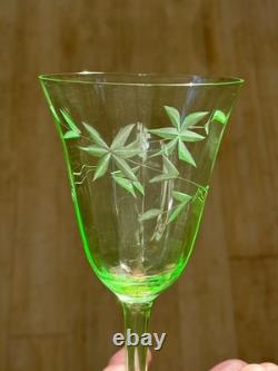 Vintage Uranium Wheel Cut Floral Optic Wine Glasses. Set of 6. Etched