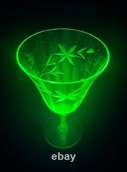 Vintage Uranium Wheel Cut Floral Optic Wine Glasses. Set of 6. Etched