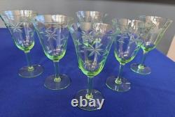 Vintage Uranium Wheel Cut Floral Optic Wine Glasses. Set of 6. Etched