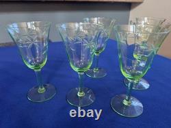 Vintage Uranium Wheel Cut Floral Optic Wine Glasses. Set of 6. Etched