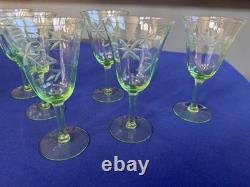 Vintage Uranium Wheel Cut Floral Optic Wine Glasses. Set of 6. Etched