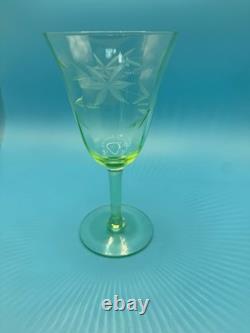 Vintage Uranium Wheel Cut Floral Optic Wine Glasses. Set of 6. Etched