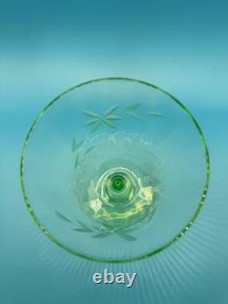 Vintage Uranium Wheel Cut Floral Optic Wine Glasses. Set of 6. Etched